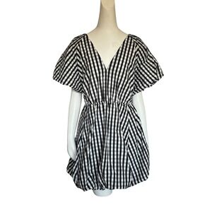 HM Gingham Puff Sleeve Bubble Hem Mini Dress Black White Checker Large NWTNWT